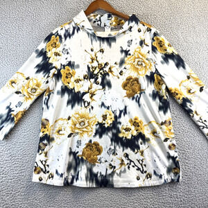 Womens Mock Neck 3/4 Sleeve Floral Top Medium Zipper White/Yellow Sharon Young